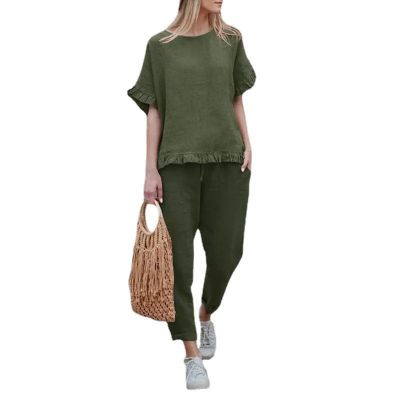 [COD] 2022 casual suit womens summer imitation and linen large size irregular T-shirt round neck loose wide-leg two-piece set