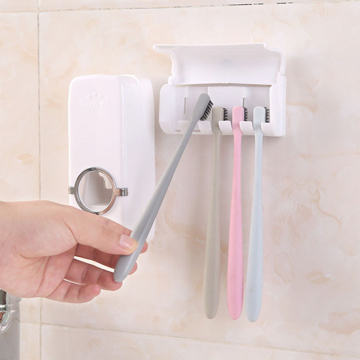 ยาสีฟันที่จับแปรงสีฟัน-hji-เครื่องกดติดผนังเครื่องจ่ายยาสีฟันอัตโนมัติ5ช่องที่จัดระเบียบแปรงสีฟันสำหรับชั้นวางของในห้องน้ำ