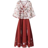 Large womens improved Hanfu suit womens autumn 2021 r Republic of China style Tang dress two-piece set大码女装改良汉服套装女秋季2021复古民国风唐装连衣裙两件套