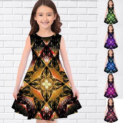 〖jeansame dress〗2022ฤดูร้อน3D พิมพ์ชุดเด็กสาวพรรคแขนกุดชุดเจ้าหญิงถัง3D พิมพ์สวยเรขาคณิตสมมาตรชุดดอกไม้