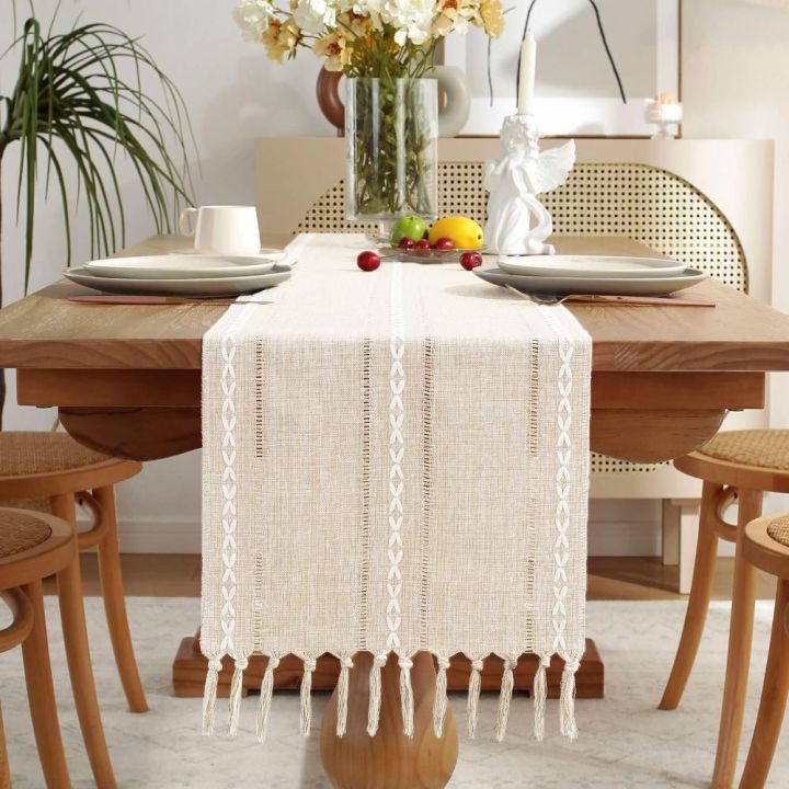 flate-เส้นใยโพลีเอสเตอร์-ธงโต๊ะตกแต่งบ้าน-1372นิ้วค่ะ-สีขาวขาว-เสื่อโต๊ะกาแฟฝอยแฮนด์เมด-ทำความสะอาดได้ง่าย-เบาะโต๊ะยาว-อุปกรณ์สำหรับห้องครัว