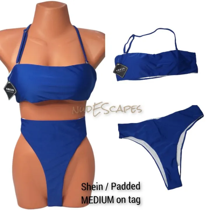 [nudEScapes] SHEIN Padded Blue TieFront Sports Bra/Longline Top HighWaisted Bandeau Bikini
