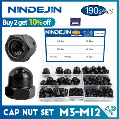 NINDEJIN 190Pcs Cap Nut ชุดสีดำเหล็กคาร์บอน M3 M4 M5 M6 M8 M10 M12หกเหลี่ยม Acorn Nut ฝาครอบ Dome Nut