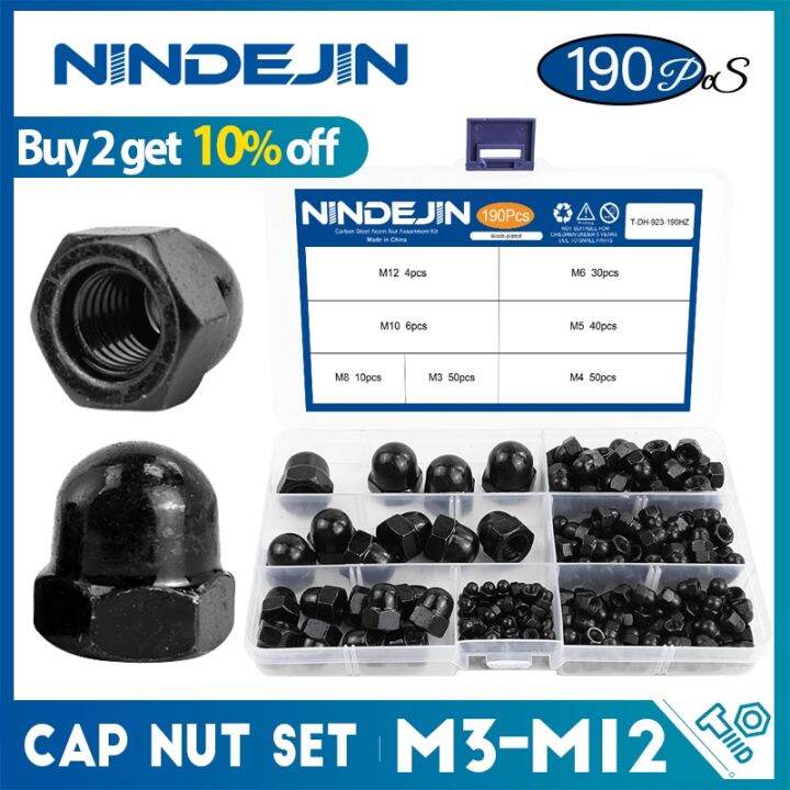 nindejin-190pcs-cap-nut-ชุดสีดำเหล็กคาร์บอน-m3-m4-m5-m6-m8-m10-m12หกเหลี่ยม-acorn-nut-ฝาครอบ-dome-nut