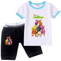 Backyardigans ครึ่งแขนเสื้อผ้าเด็กเด็กวัยหัดเดินเด็กสาวฤดูร้อนสบายๆประเดิมกางเกงขาสั้นสาวแขนสั้นท็อปส์กางเกงขาสั้นเด็กผ้าฝ้ายความชื้น