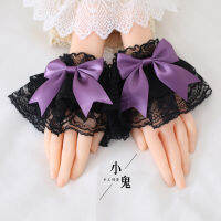 Lolita Bow ถุงมือผู้หญิงสีบล็อกลูกไม้ Oversleeves Lo ซาติน Bowknot Mittens