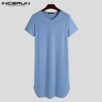 Incerun ชุดนอนแขนสั้นคอวีสีพื้นสําหรับบุรุษ