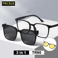 FNCXGE 3 In 1 แว่นตาสายตาสั้น กรอบแว่นตา คลิปออน แม่เหล็ก Clip on เปลี่ยนเลนส์ได้ 0.0 ถึง -6.0 เลนส์ถอดได้ คลิปออน ป้องกันรังสียูวี สำหรับบุรุษและสตรี แฟชั่น สไตล์เกาหลี แว่นทรงเหลี่ยม แว่นกันแดด