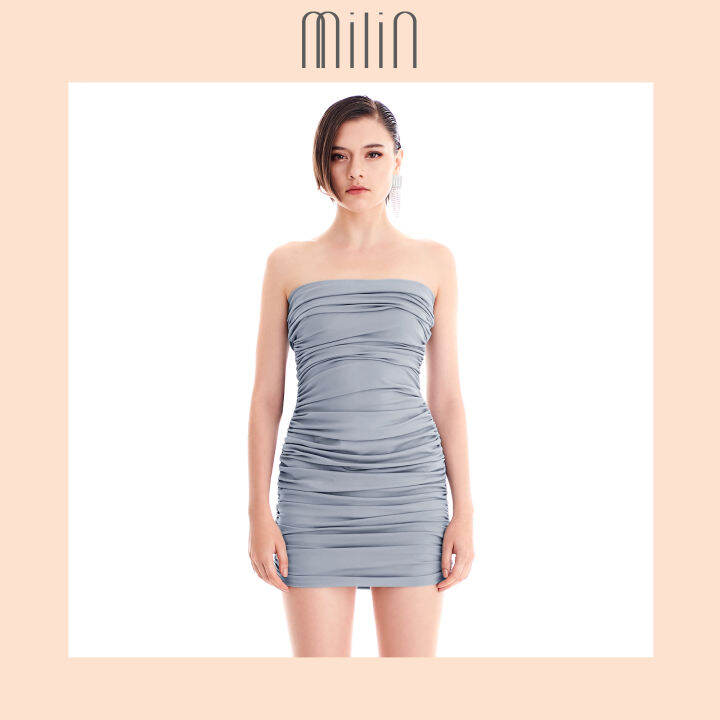 milin-ruched-detail-with-side-ruffle-sleeveless-mini-dress-เดรสสั้นเกาะอกเข้ารูปจับจีบย่น-azure-dress-สีชมพู-สีเทา