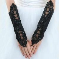 ❏ Black Bride Wedding Party Evening Dress Fingerless Lace Satin Bridal Gloves