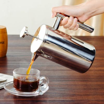French Coffee Press Maker, Stainless Steel French Press Machine for Coffee Tea Camping Office, SIlver