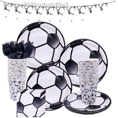 ☌❅✴ Football Birthday Disposable Tableware Set Football Paper Plates Cup Napkins Tableware Boys Happy Soccer Birthday Party Supplies