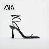 Zara รองเท้าส้นสูง หัวเหลี่ยม สีดํา สว่าง ตกแต่งคําเดียว สําหรับผู้หญิง 2300110 800