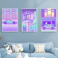 Lofi สไตล์ Night City Pop Kyoto โปสเตอร์ Street Car Midnight สีชมพูสีม่วงภาพวาด Wall Art Home Kawaii Room Decor ภาพวาดผ้าใบ New