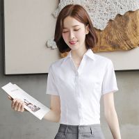 White shirt womens business wear short-sleeved v-neck ladies white shirt Korean work clothes summer slim formal dress top