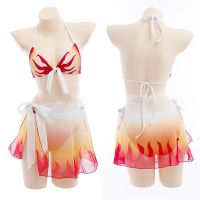 Demon Slayer Kimetsu No Yaiba Rengoku Kyoujurou Cosplay Swimsuit Halter Two-Piece Bikini Set Swimming Suit Bathing Beach Outfit