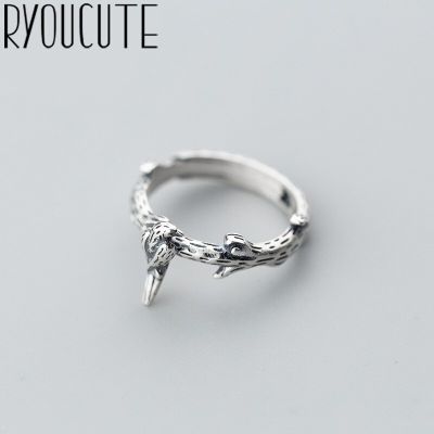 Ryoucute 100% สีเงินจริงเกินจริงบุคลิกแหวนนกย้อนยุคขนาดใหญ่สำหรับผู้หญิงแหวนใส่นิ้วปรับได้