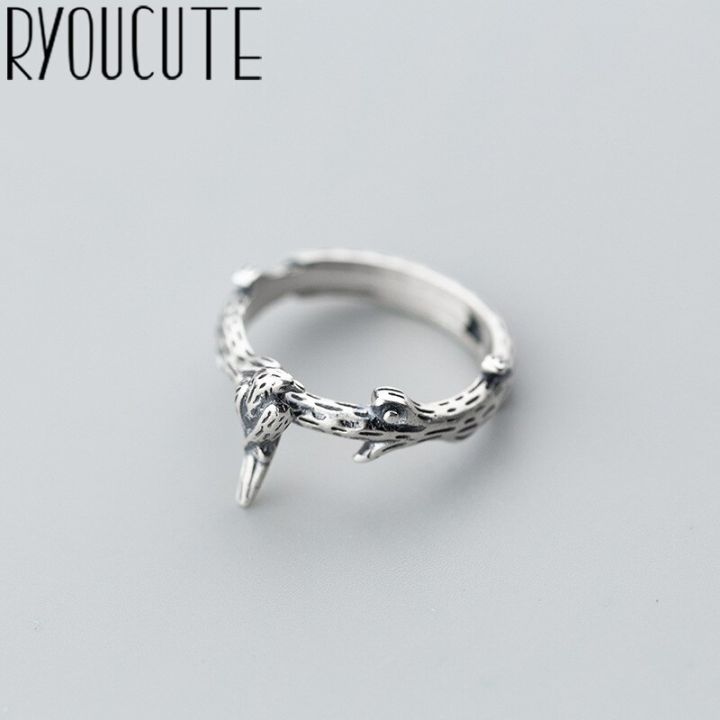 ryoucute-100-สีเงินจริงเกินจริงบุคลิกแหวนนกย้อนยุคขนาดใหญ่สำหรับผู้หญิงแหวนใส่นิ้วปรับได้