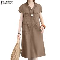 ❆ ZANZEA Women Casual Loose Solid Short Sleeve V Neck Button Down Front Midi Dress