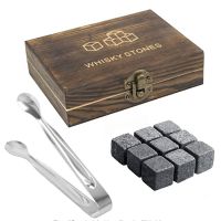 WHISKY STONES Frozen Ice Stone Granite Whiskey Rocks Set 9 with Wooden Box Reusable Cooling Ice Cubes