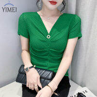 YIMEI เสื้อตาข่ายเข้ารูปเสื้อแขนสั้นรัดรูปและอเนกประสงค์สำหรับผู้หญิง,เสื้อคอวี2023เสื้อสำหรับฤดูร้อนใหม่เสื้อยืดผู้หญิงมีจีบดีไซน์ส่วนตัว