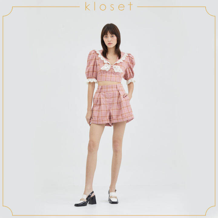 kloset-puff-sleeve-blouse-vc23-t002-เสื้อผ้าผู้หญิง-เสื้อผ้าแฟชั่น-เสื้อคอปก-เสื้อผ้าลายสก๊อต-เสื้อจั๊มเอว