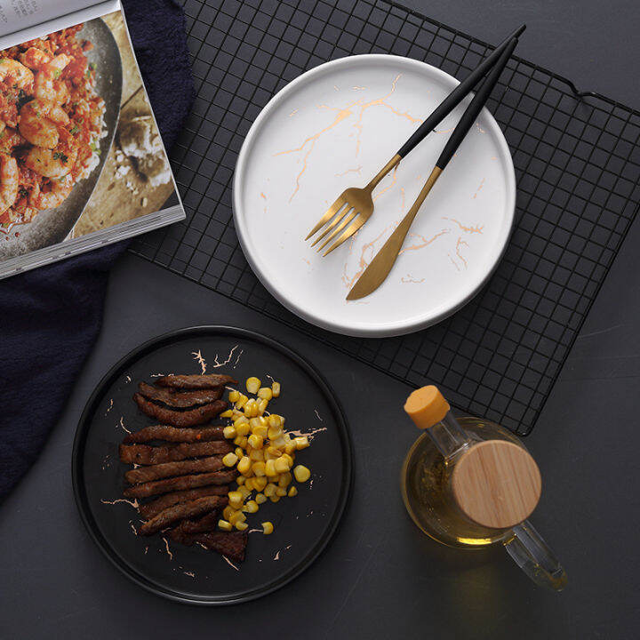 marble-plate-ceramic-round-steak-dinner-black-striped-kitchen-utensils-porcelain-creative-nordic-dessert-snack-dishes