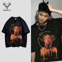 Hanlu เสื้อยืดวินเทจสั้นผู้ชายแนวสตรีทแบบอเมริกันแขนยาวขนาดใหญ่สั้นคอกลมมีสไตล์ เสื้อวินเทจ