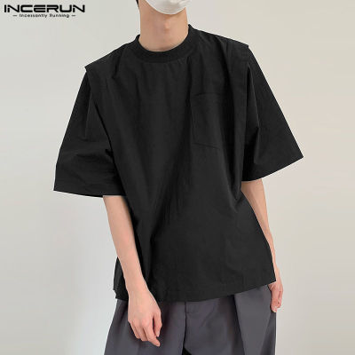 เสื้อยืดเสื้อยืดคอกลมกระเป๋าเรียบๆจากผู้ชายแขนสั้น INCERUN (สไตล์เกาหลี)
