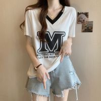 Women T Shirt Korean Style Fashion Casual V Neck Tops Summer Short Sleeve Tshirt Plus Size Loose White Tee