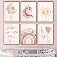 Boho Rainbow สีน้ำ Love Nursery โปสเตอร์และพิมพ์ Unicorn Wall Art ภาพวาดผ้าใบภาพผนัง Baby Girl Room Home Decor-ยอดนิยมภาพศิลปะ