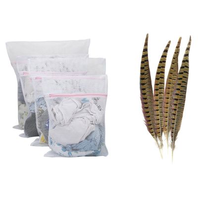 4 Pcs Nature Ringneck Pheasant Feathers & 4 Pcs Large Net Washing Bag, Coarse Mesh Laundry Bag with Zip Closure