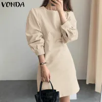 VONDA Women Long Sleeve O Neck Solid Color Skinny Dress Elegant Ol Style Party Dresses (Korean Causal)