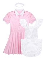 Mens Sissy Maid Cosplay Costume Puff Sleeve Frilly Satin French Apron Maid Servant Dress Set Roleplay Babydoll Dress With Apron