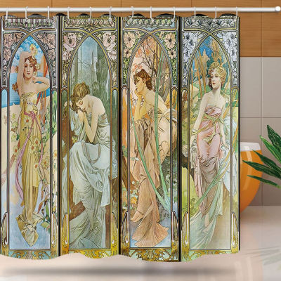 Art Nouveau Lady ม่านอาบน้ำ,Aesthetic Art Times Of The Day, Night S Rest,Evening Reverie,Daybreak,Morning Awakening Bath Set