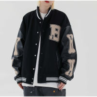 Streetwear Unisex Splice Coat Baseball Green Jacket Letter Harajuku Bomber Jackets Women Furry Bone Patten Single-breasted