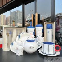 Starbucks Cup Traditional Cute Rabbit Color Blue and White Striped Ceramic Mark Teapot Stainless Steel Straw Coffee Cup