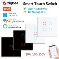 ☎▪۞ ZigBee Smart Touch Light Switch Neutral Wire/No Neutral US/EU 1/2/3/4 Gang Wall Touch Switch Back Light Tuya Alexa Google Home