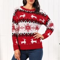 Women Autumn Winter Christmas Sweater Print Long Sleeve O-Neck Christmas Knitting Soft Casual Pullover Tops Red