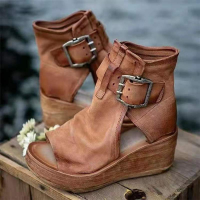 Women High Heels 2022 Platform Wedge Sandals Women Closed Toe Buckle Romen Women Shoes Solid Color High Heels Sandalias De Mujer