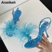 Aneikeh 2022 NEW Summer y Pinch Toe Thin High Heel Gladiator Women Party Shoes Fur Decoration Ankle Buckle Strap Dress Sandal