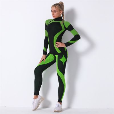 2Pcs/Set Sports Yoga Suits Women Fitness Gym Tracksuits Turtleneck Clothes Long Sleeve Fitness Crop Top+High Waist Yoga Leggings
