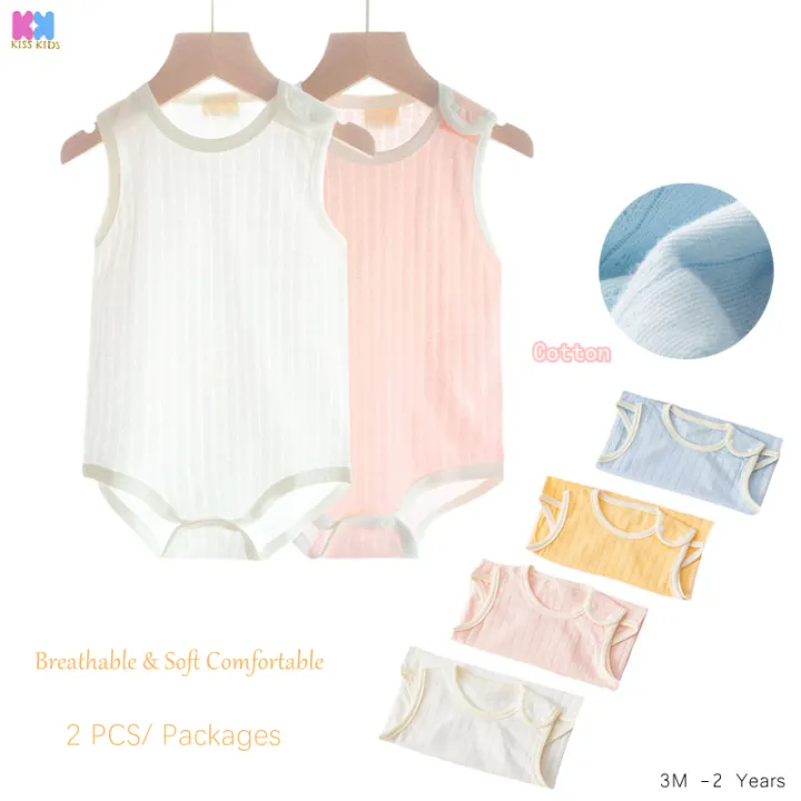 2 Pieces Pure Cotton One-piece Jumpsuit Baby Girls Boys Twins Candy Color Shoulder Buckle Sleeveless Simple Comfortable Loose Vest Triangle Romper Newborn Clothes