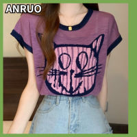 Anruo เสื้อยืดแฟชั่นแขนสั้นลายแมวสีแดง,2023ฤดูร้อนเสื้อเปิดไหล่บาง