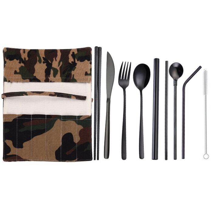 upors-9pcs-set-travel-cutlery-portable-stainless-steel-cutlery-set-reusable-fork-spoon-knife-set-metal-straw-with-case-flatware-sets