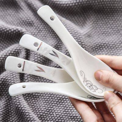 Childrens eating spoon rice spoon household household ceramic large spoon long handle spoon porridge spoon tableware 【JYUE】