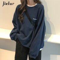 Jielur New Kpop Letter Hoody Fashion Korean Thin Chic Womens Sweatshirts Cool Navy Blue Gray Hoodies for Women M-XXL
