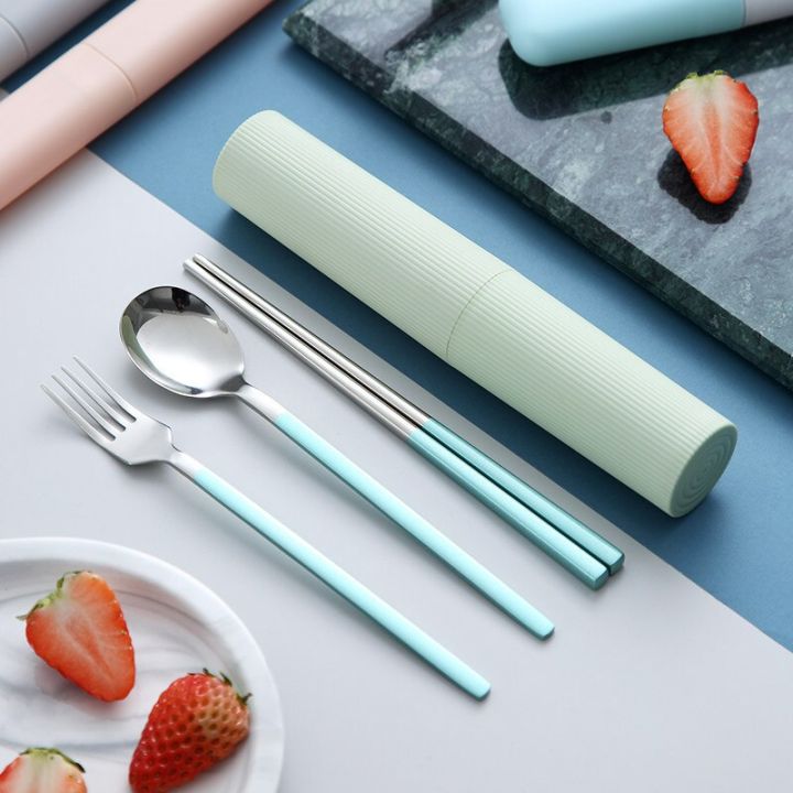 stainless-steel-cutlery-set-portable-travel-picnic-tableware-childrens-school-spoon-fork-chopsticks-knife-dinnerware-set-flatware-sets
