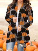 xixibeauty Plus Size Halloween Coat, Womens Pus Allover Cat &amp; Pumpkin Print Long Sleeve Open Front Medium Stretch Cardigan Overcoat