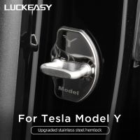 LUCKEASY Stainless Steel Car Door Lock Cover For Tesla Model Y 2020-2023 Rubber Edging Interior Modification Auto Accessories